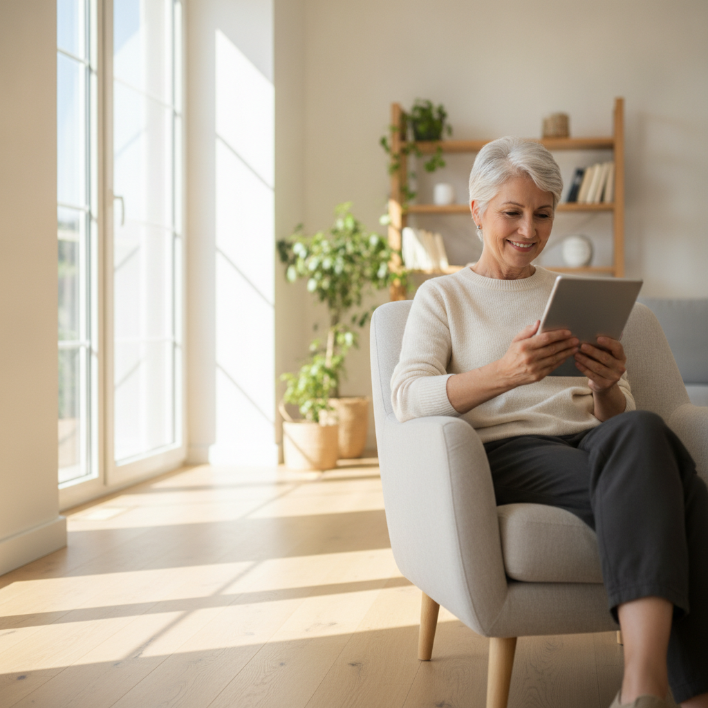 A woman reading on a tablet in a bright living room